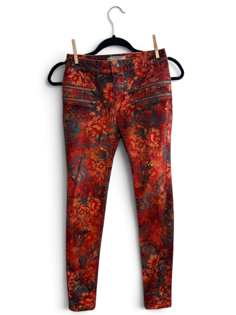 Free People Floral Velvet Skinny Pants Size 0 Orange Red